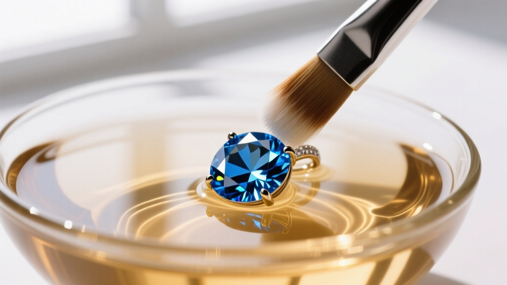 Soft brush cleaning a London blue topaz diamond pendant in a bowl of warm soapy water under bright, natural window light.