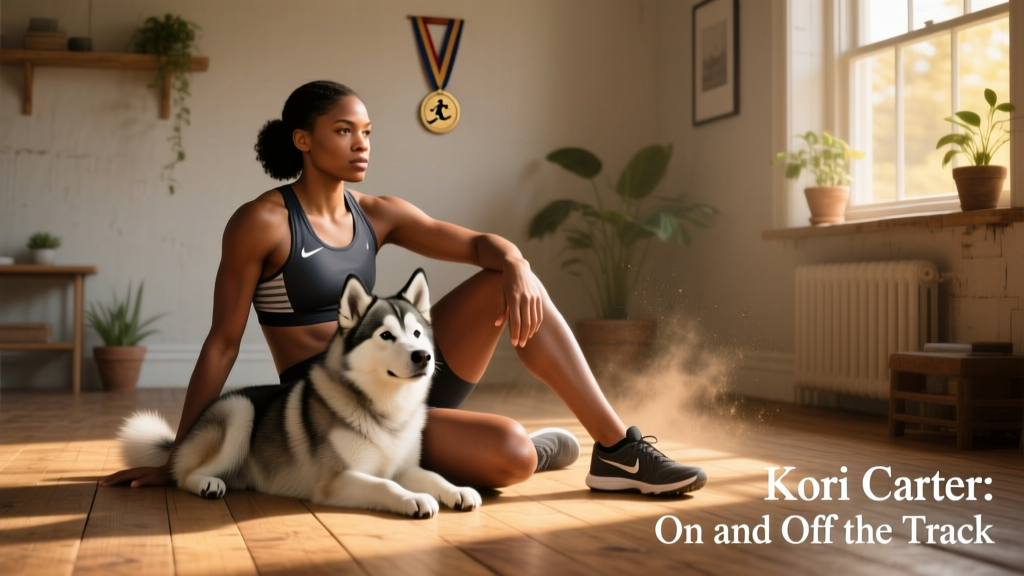 Kori Carter sitting on the floor with Kovu, her Alaskan Klee Kai, gently resting his head on her lap