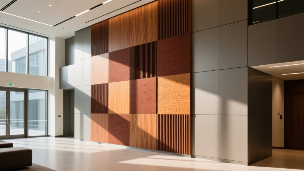 Modern commercial lobby featuring KSZ textured wood-veneer acoustic wall panels and sleek composite cladding in warm earth tones
