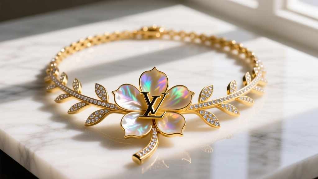 Close-up of an 18k yellow gold LV flower full necklace with mother-of-pearl inlay and diamond pavé resting on white marble