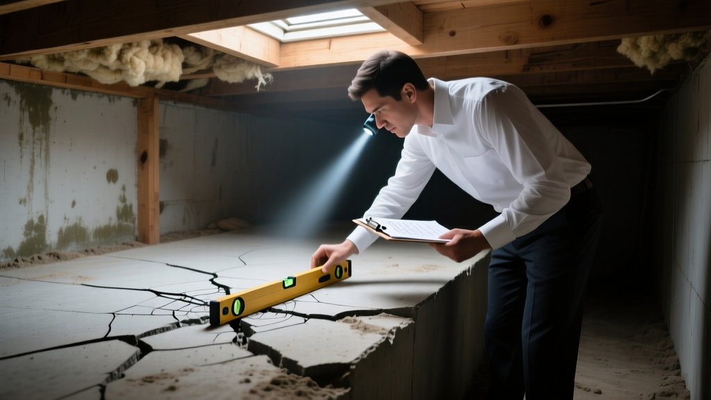 Structural engineer inspecting a cracked concrete slab foundation with a laser level and clipboard in a dimly lit residential crawl space