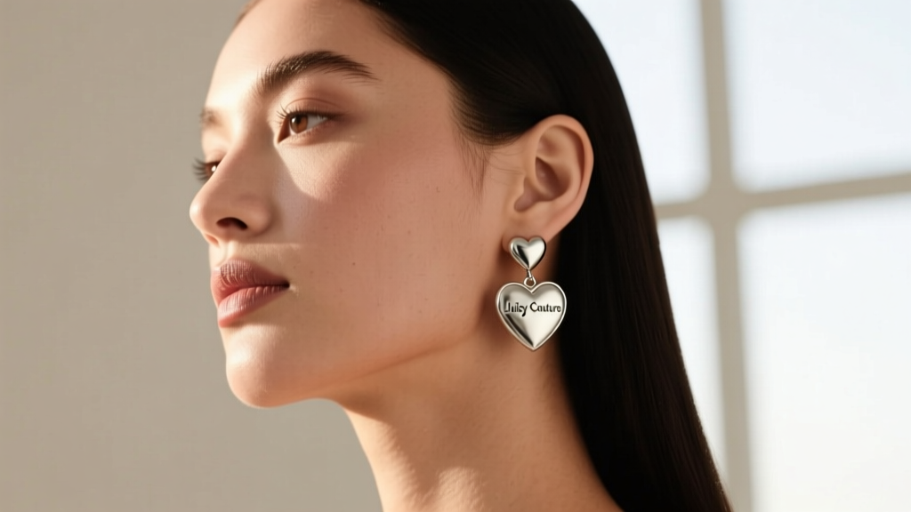 Side profile of a woman with a round face wearing medium silver Juicy Couture heart drop earrings to visually elongate her jawline