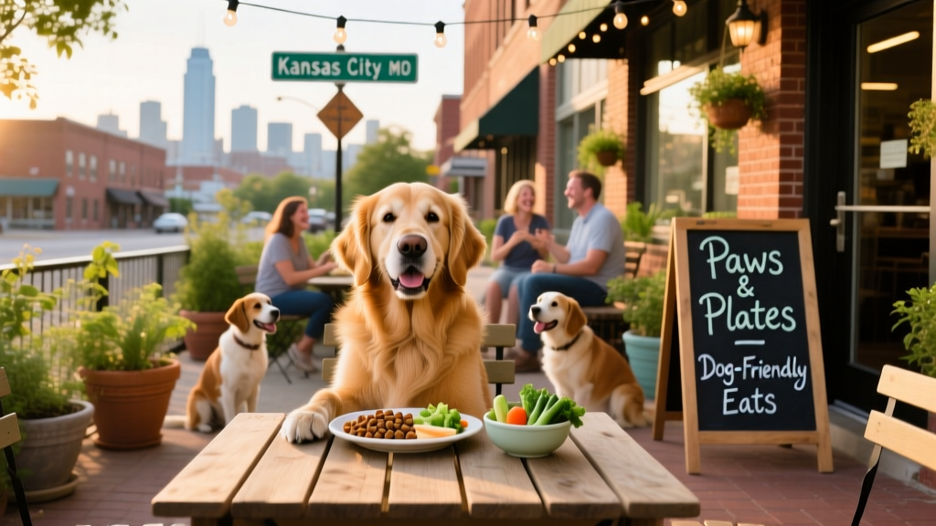 A dog enjoying a meal outdoors at a bustling, dog-friendly restaurant patio in Kansas City.