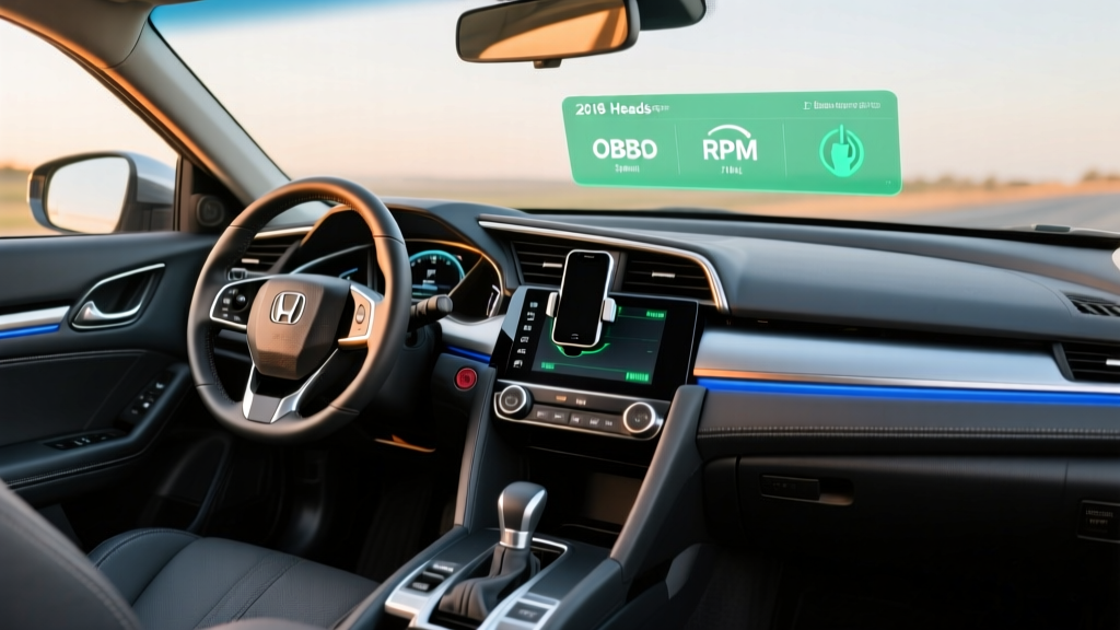 A modern 2018 Honda Civic interior upgraded with a sleek dashboard mount, glowing ambient lighting, and a digital OBD2 heads-up display.