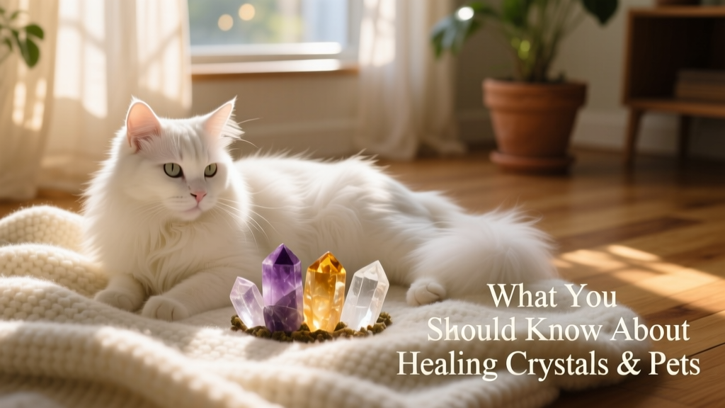 A serene cat resting beside a small arrangement of polished crystals on a soft blanket