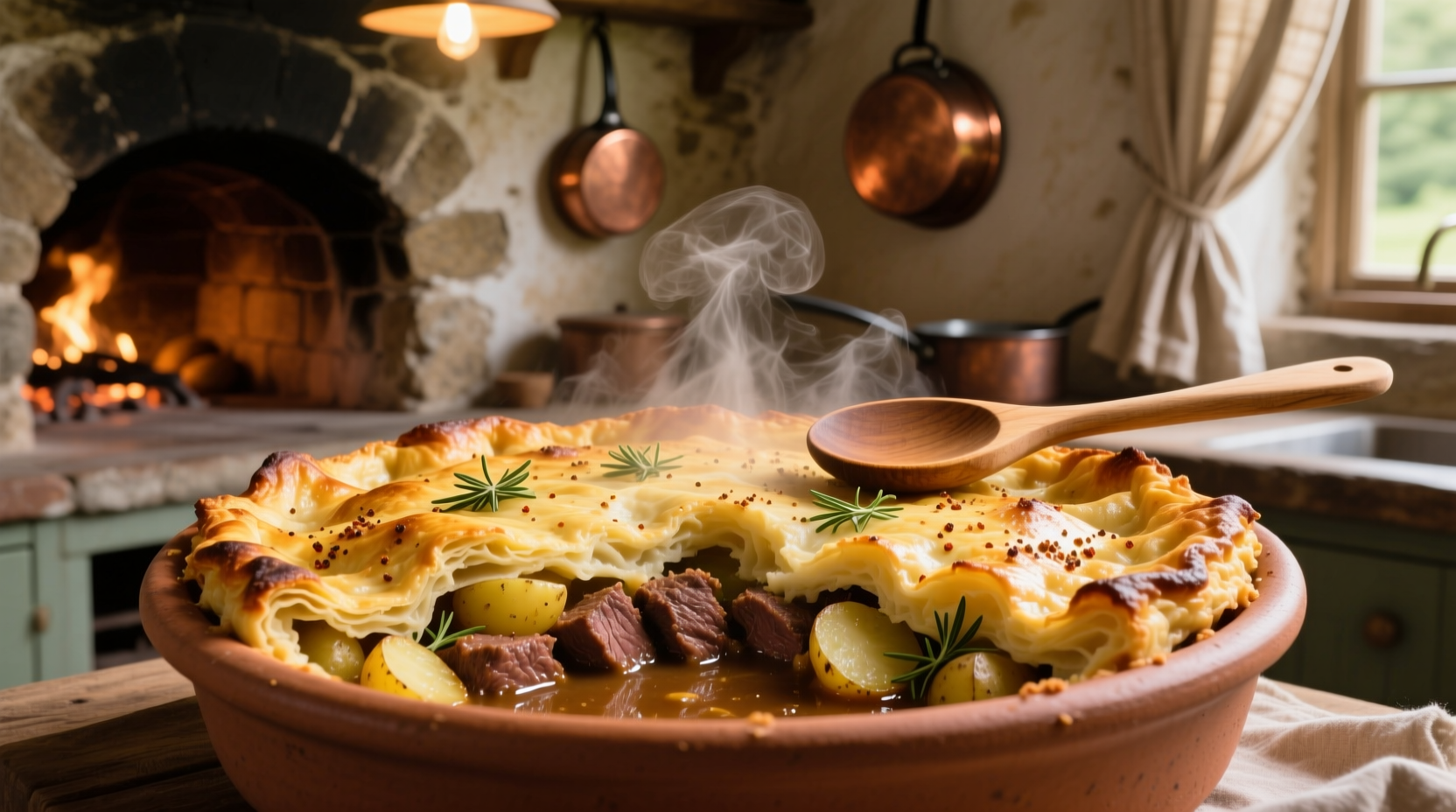 Golden potato and meat casserole fresh from oven