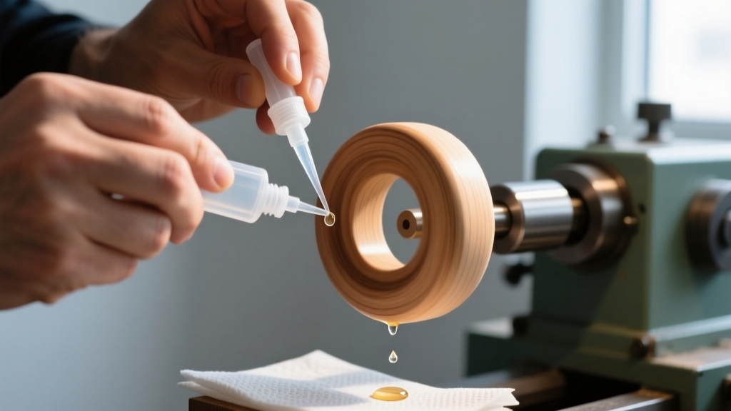 Hands applying a drop of clear cyanoacrylate glue to a spinning wooden ring on a lathe mandrel, with paper towels catching drips
