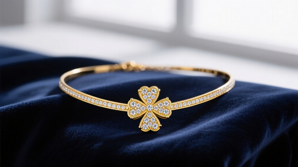 18k yellow gold diamond four leaf clover necklace on velvet, showing micro-pave diamonds and polished bezel edges in soft lighting