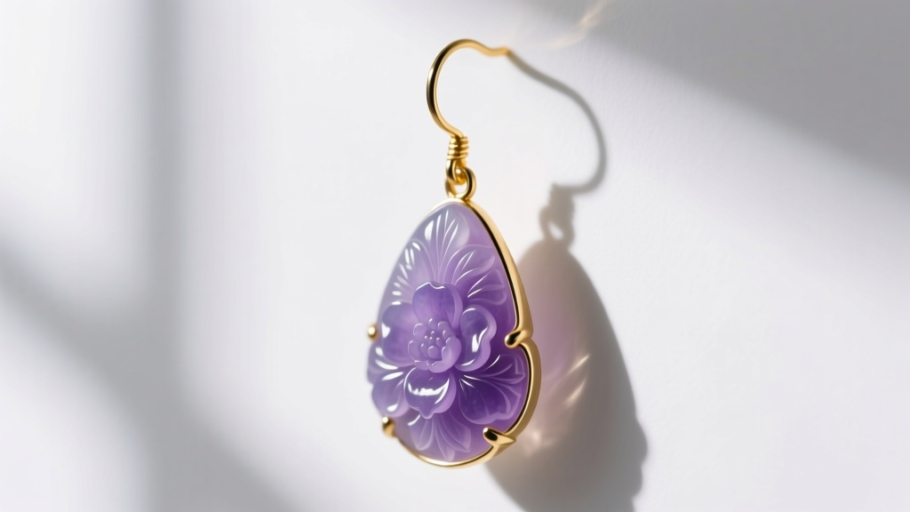 Side profile of a carved lavender jadeite drop earring on a 20-gauge gold fishhook wire, illuminated by soft natural window light.