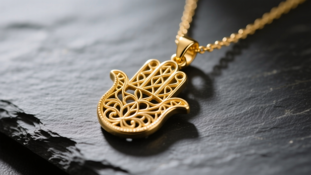 Macro shot of a 14k yellow gold Hamsa hand necklace pendant on dark slate, highlighting fine filigree and warm luster