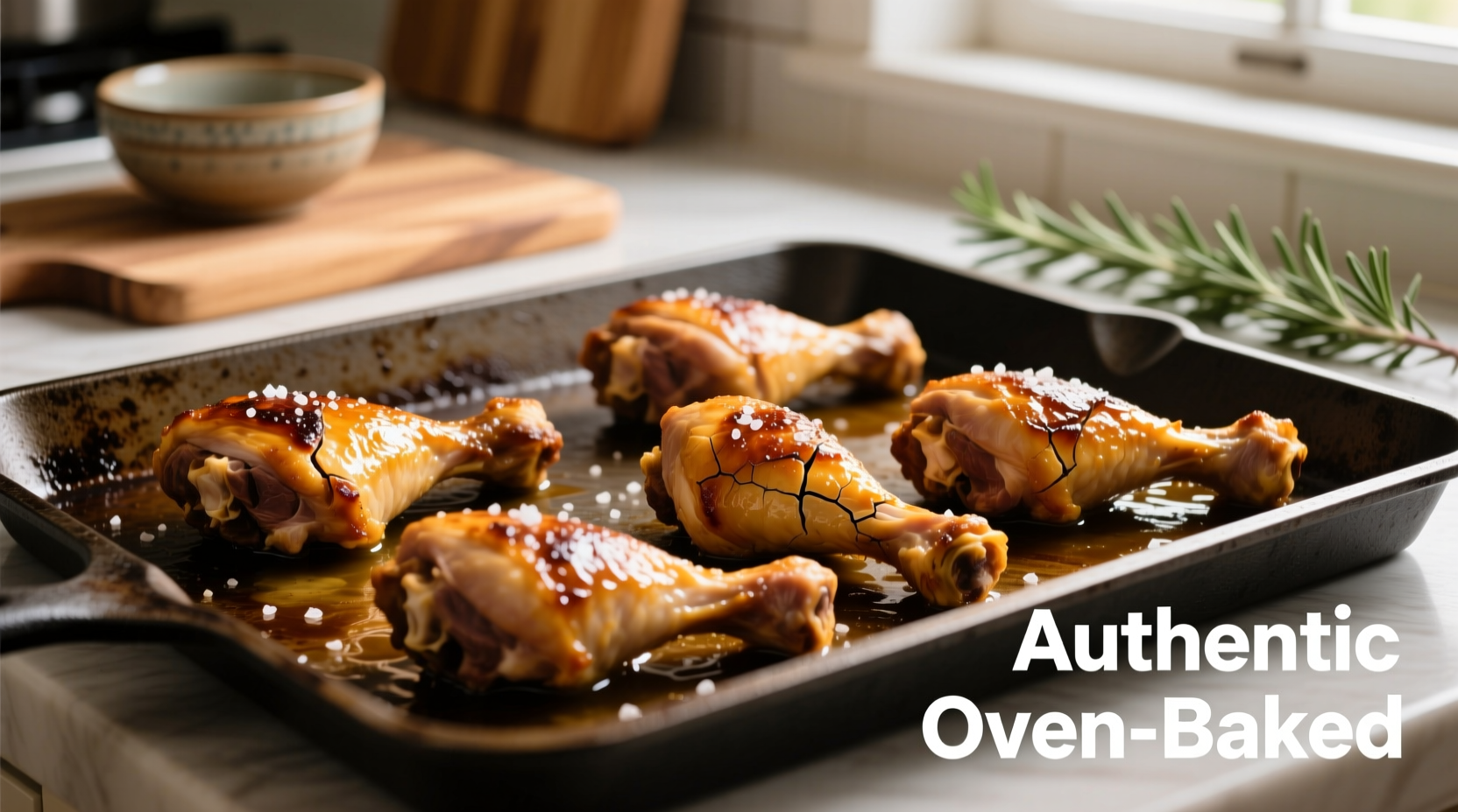 Golden brown chicken leg quarters on baking sheet