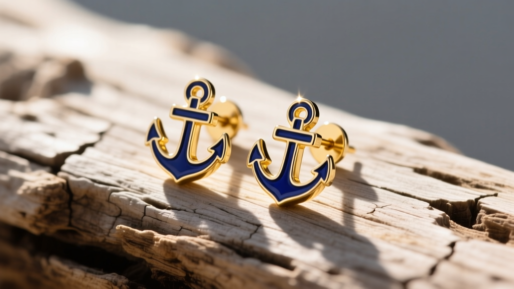14k gold-filled anchor stud earrings with navy blue enamel detailing resting on weathered driftwood under bright natural sunlight.