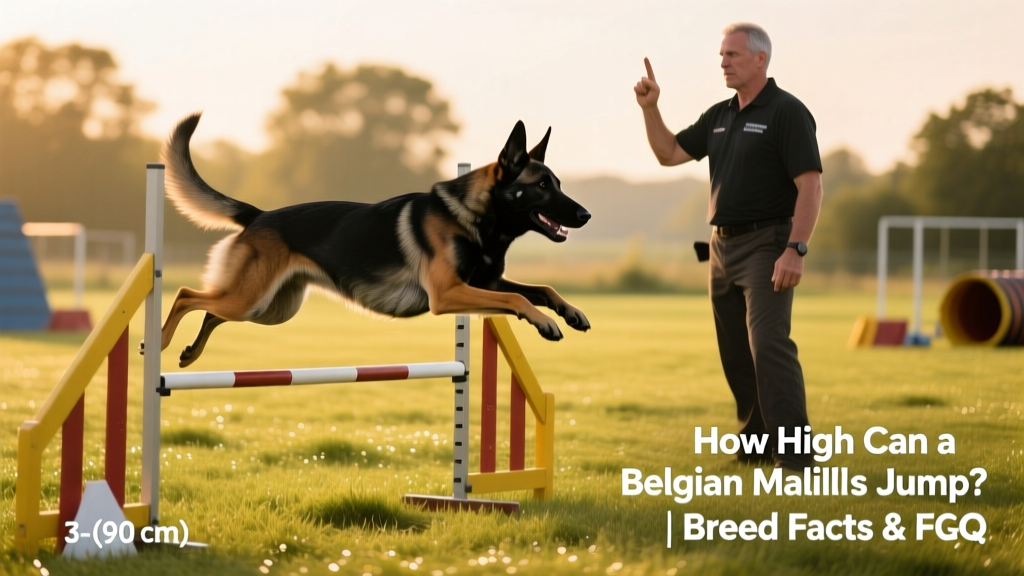 A trainer using positive reinforcement with a Belgian Malinois during a low-barrier jump drill in a grassy training field