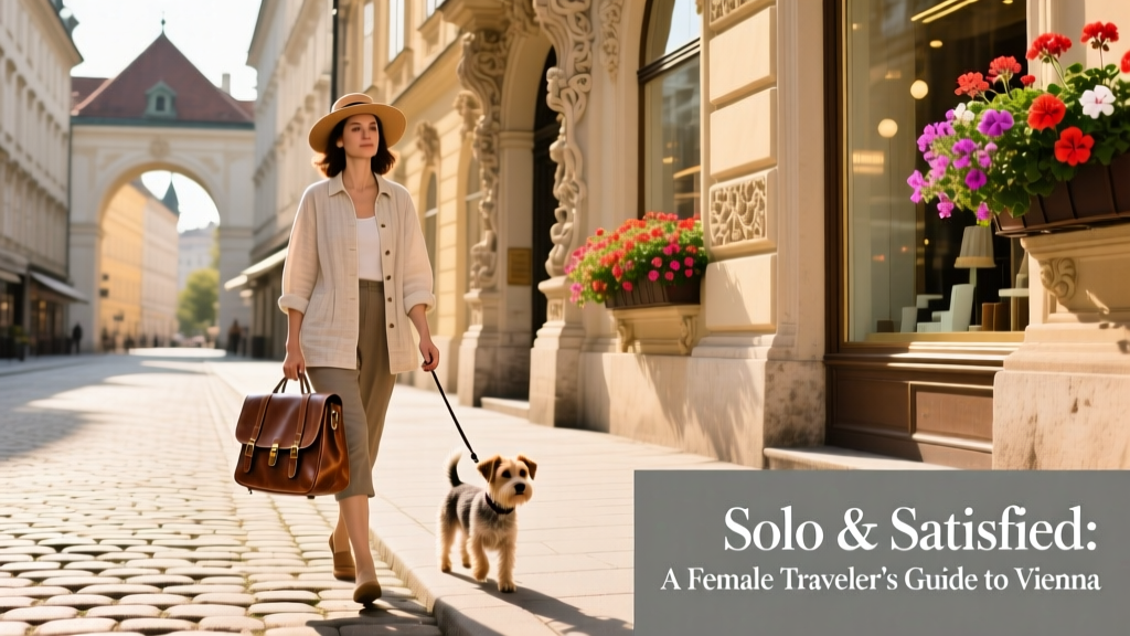 A solo female traveler walking through the cobblestone streets of Vienna on a sunny day, past ornate Baroque buildings and flowering window boxes.