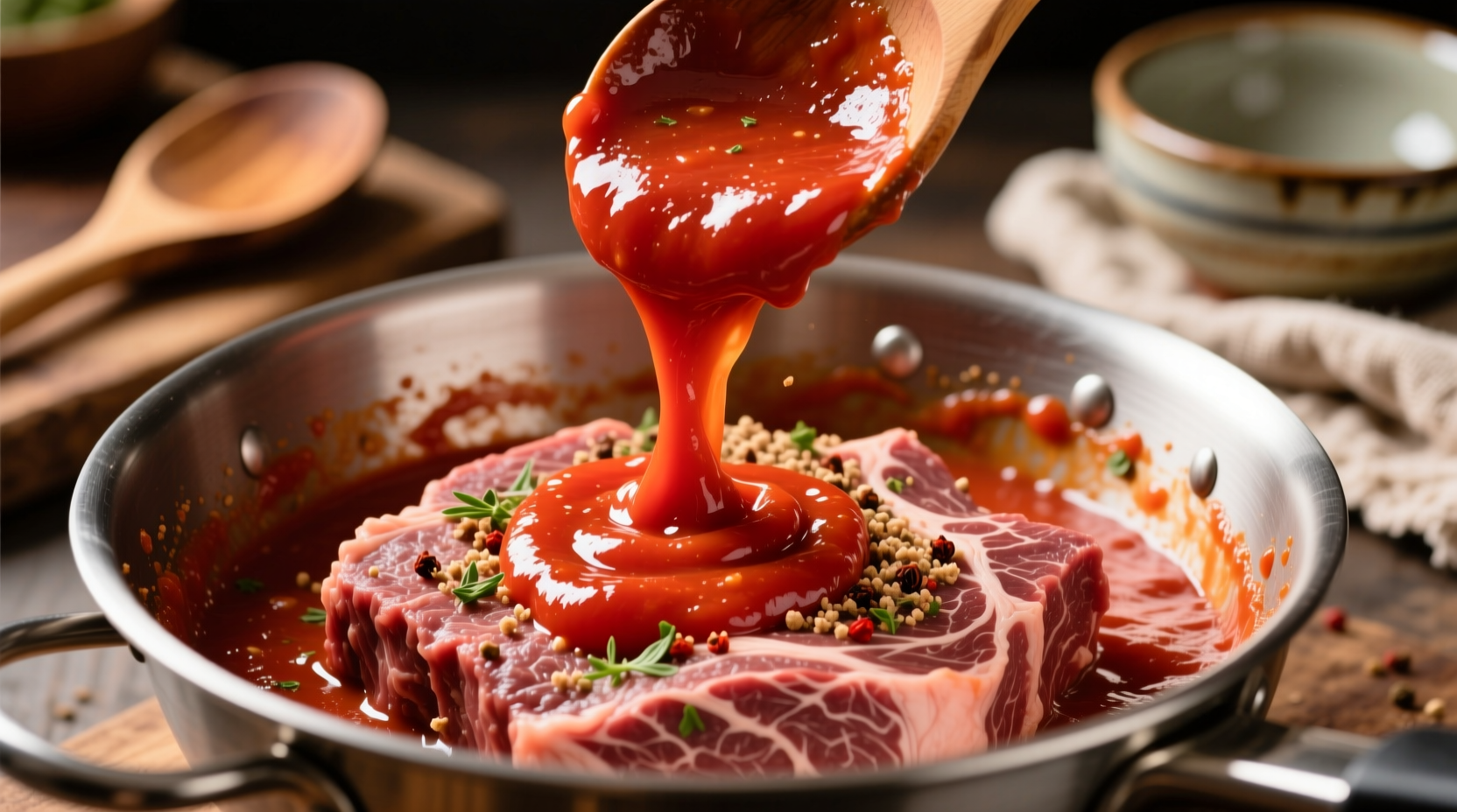 Tomato sauce mixing with ground beef for meatloaf