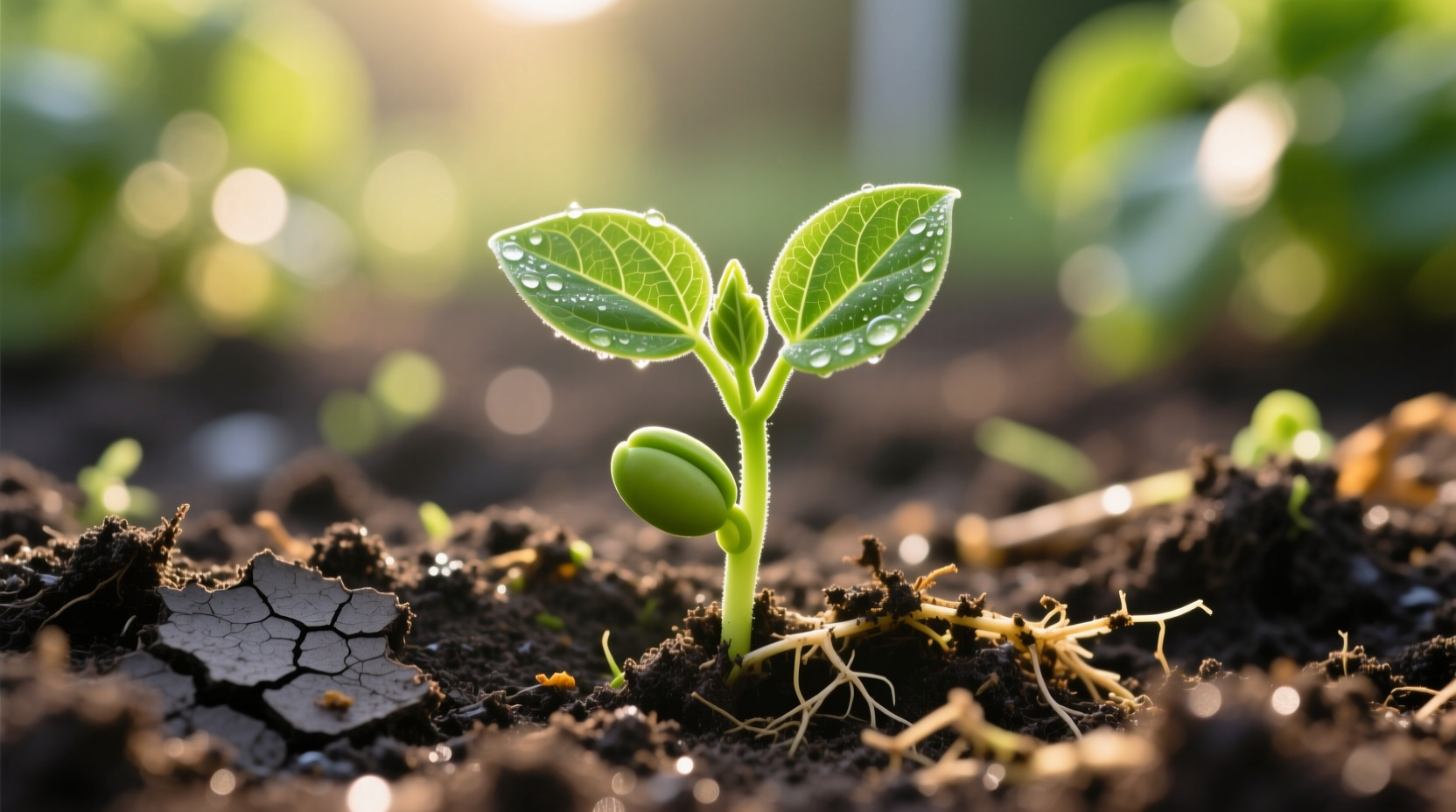 Green bean seedlings emerging from soil in garden