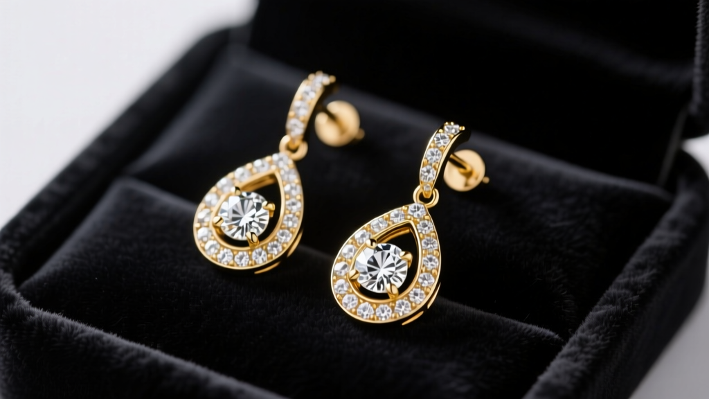 Macro shot of elegant 18k gold drop wedding guest earrings with pavé diamonds resting on a dark velvet jewelry display tray.