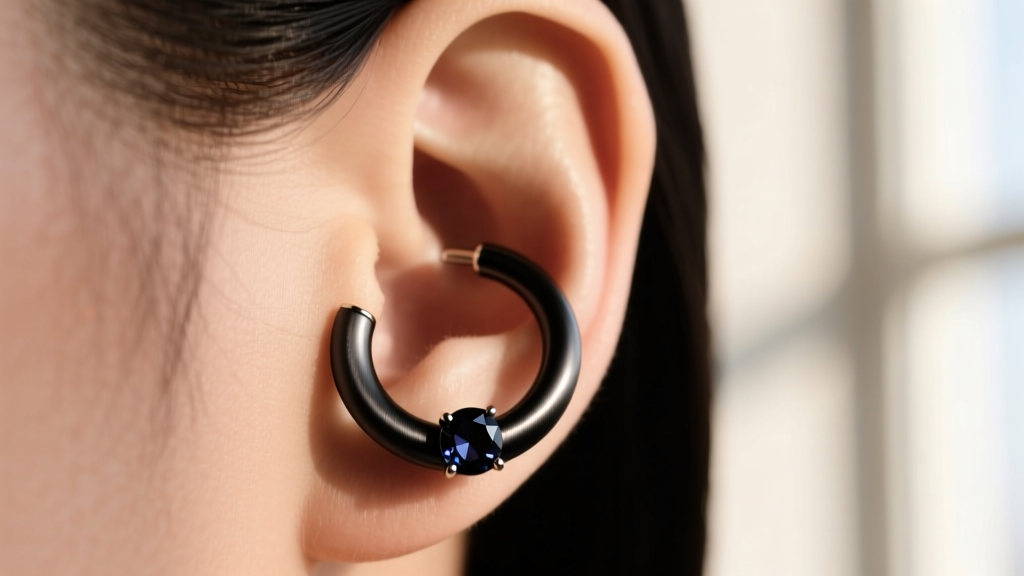 Close-up of a 14-gauge black PVD titanium cartilage hoop with a dark spinel gem, showing the matte metallic finish on the ear
