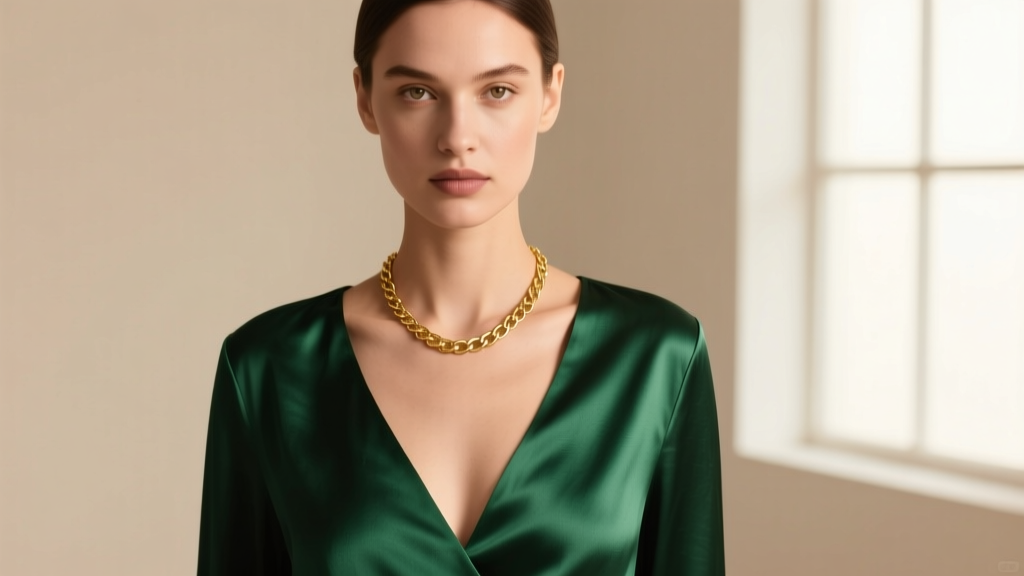 Model wearing a delicate 14k gold sternum chain draped over a deep-V silk blouse, soft lighting highlighting the upper chest area.