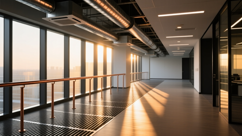 Steel bar grating flooring in a modern industrial office over exposed ducts, lit by warm natural sunlight from large windows.