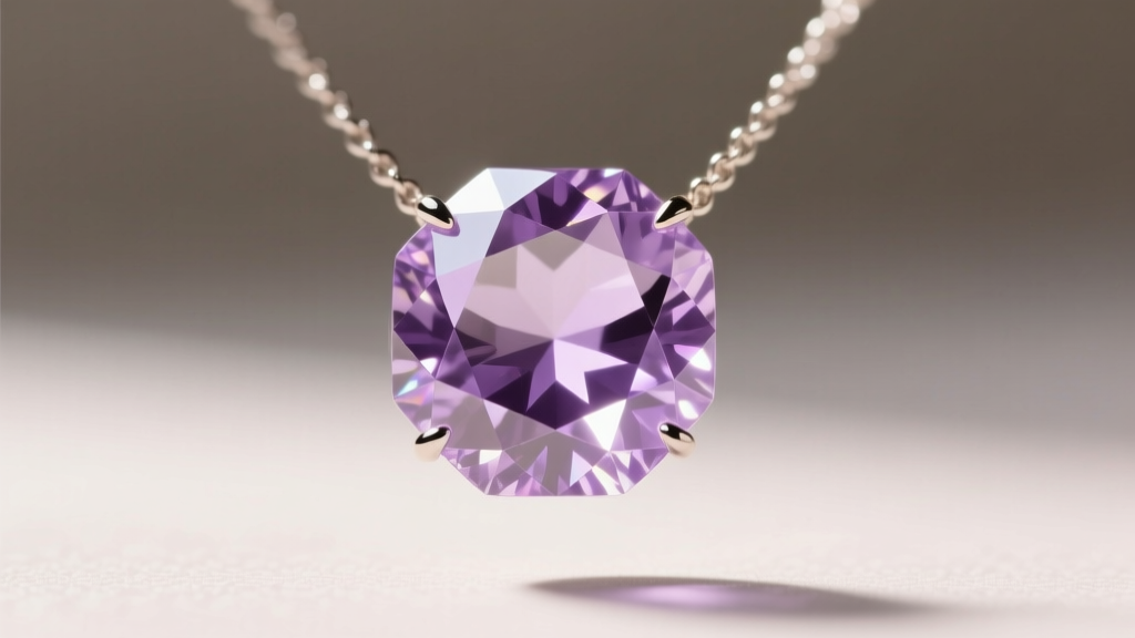 Macro shot of a faceted Brazilian amethyst gemstone necklace catching the light, highlighting its pale lavender colour and clarity.
