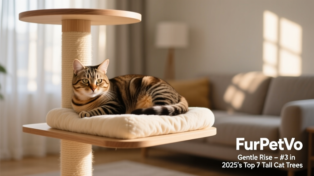 A senior tabby cat resting peacefully on a lower platform of the FurPetVo Gentle Rise, with soft padding visible