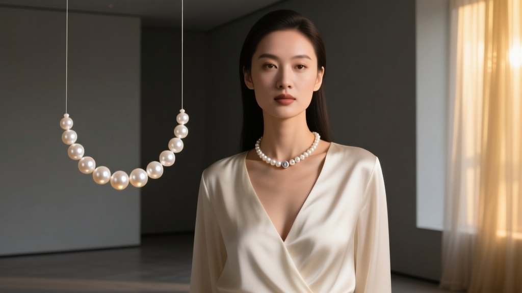 Woman wearing floating pearl illusion necklace with deep V-neck silk blouse, elegant evening lighting highlighting the pearls