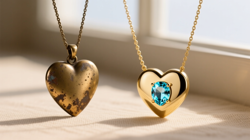 Tarnished brass heart ocean necklace beside a pristine solid 14k gold version with a genuine aquamarine gemstone center stone.