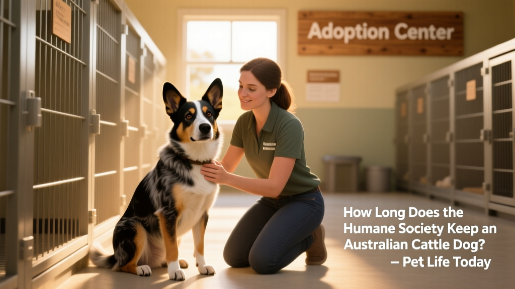 Australian cattle dog sitting calmly in a shelter kennel with a volunteer nearby