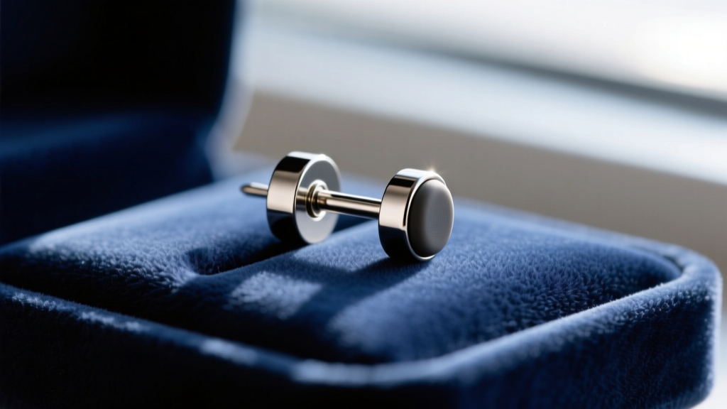 Detailed view of a 16-gauge titanium earring post with a secure silicone clutch, resting on a dark velvet jewelry display pad.
