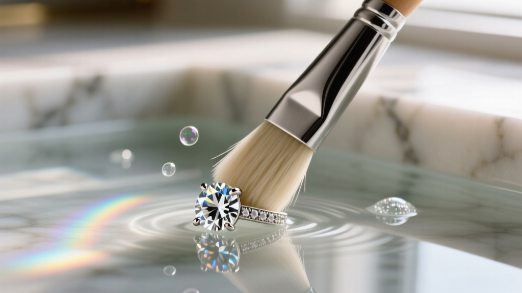 Side profile of a soft brush gently scrubbing the underside of a platinum diamond solitaire setting in mild soapy water.
