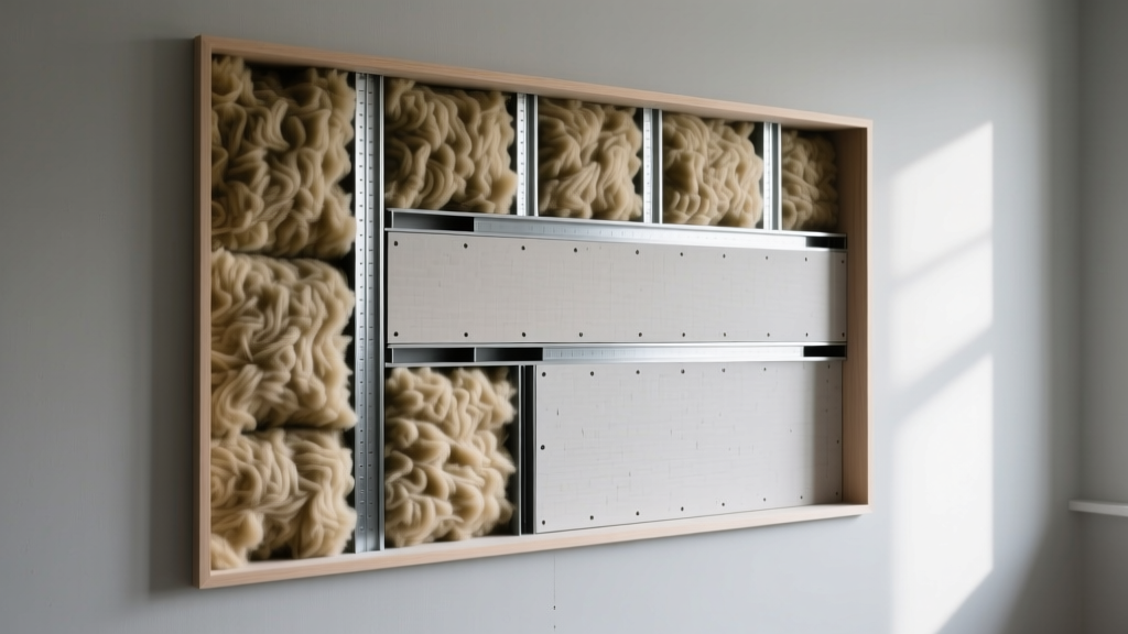 Cross-section of a framed interior wall revealing dense mineral wool batts, resilient metal channels, and double-layer drywall for soundproofing