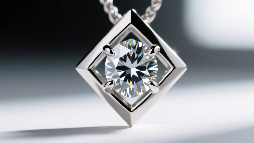 Macro shot of a V-prong securing the acute bottom point of a kite-cut diamond in a rhombus pendant, displaying precise metal folds.