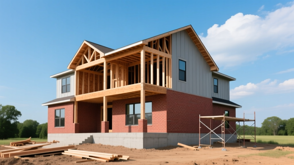 Modern two-story brick and siding home under construction in Missouri with exposed wood framing and a concrete foundation against a clear blue sky