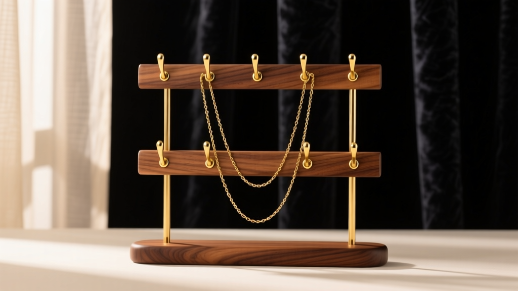 Walnut necklace holder displaying gold chains on brass hooks against dark velvet backing, illuminated by soft natural window light