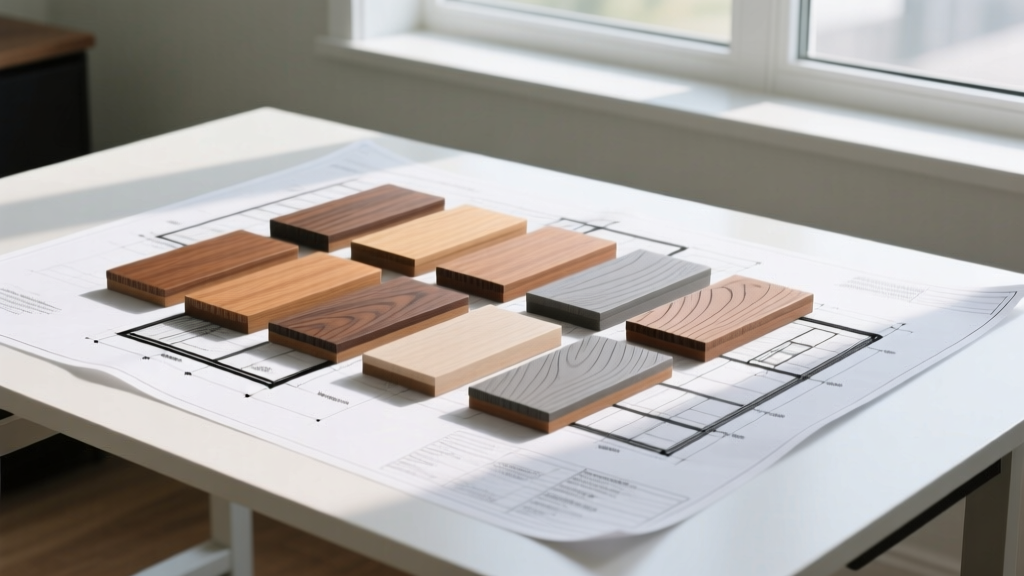 Architectural blueprint overlaid with physical samples of capped composite decking boards in varying wood-grain colors on a drafting table