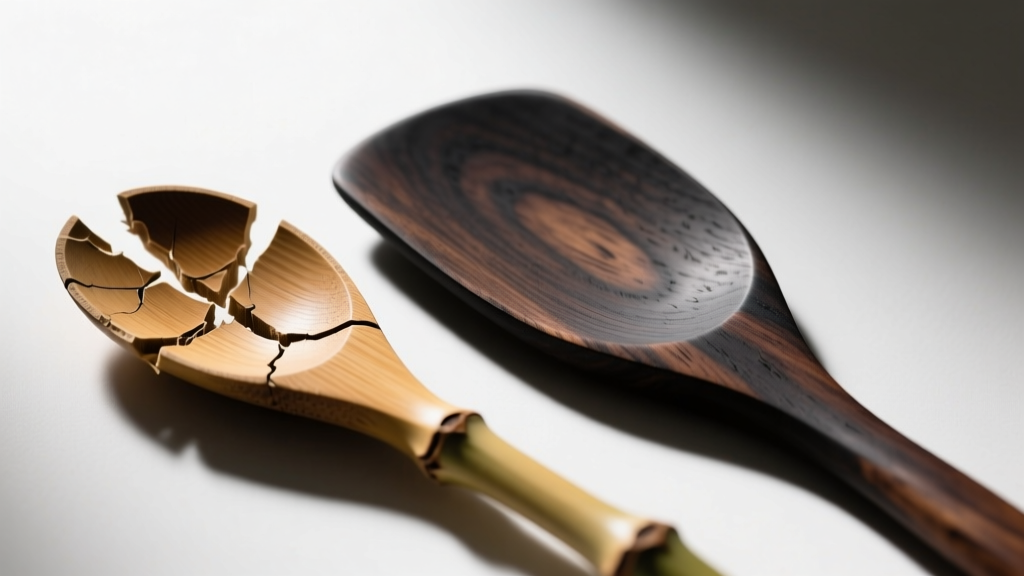 Split and splintered cheap bamboo cooking spoon resting next to a pristine hand-finished black walnut spatula showing tight wood grain