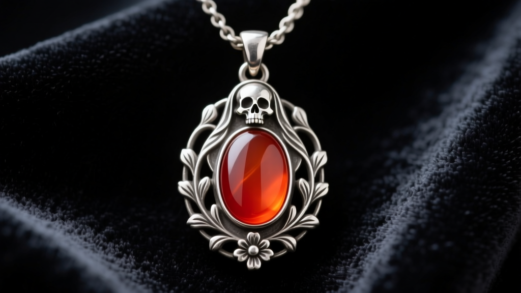 Close-up of oxidized sterling silver Mary Magdalene pendant with skull motif and natural carnelian cabochon on dark velvet.
