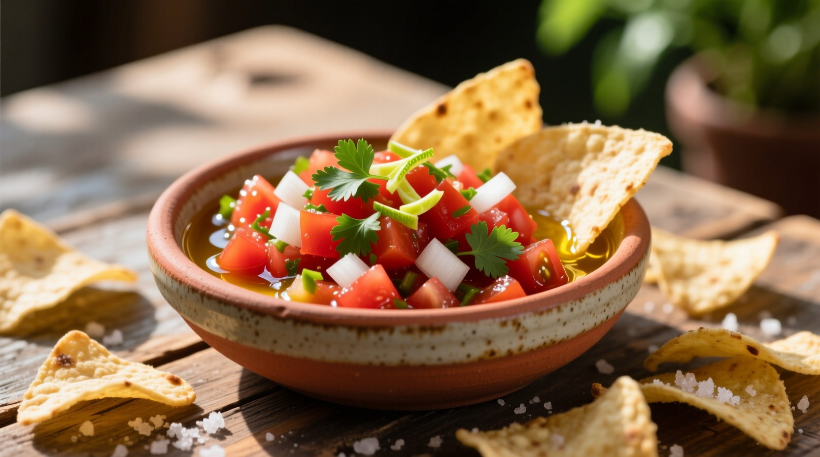 Fresh Roma tomato salsa in clay bowl with tortilla chips