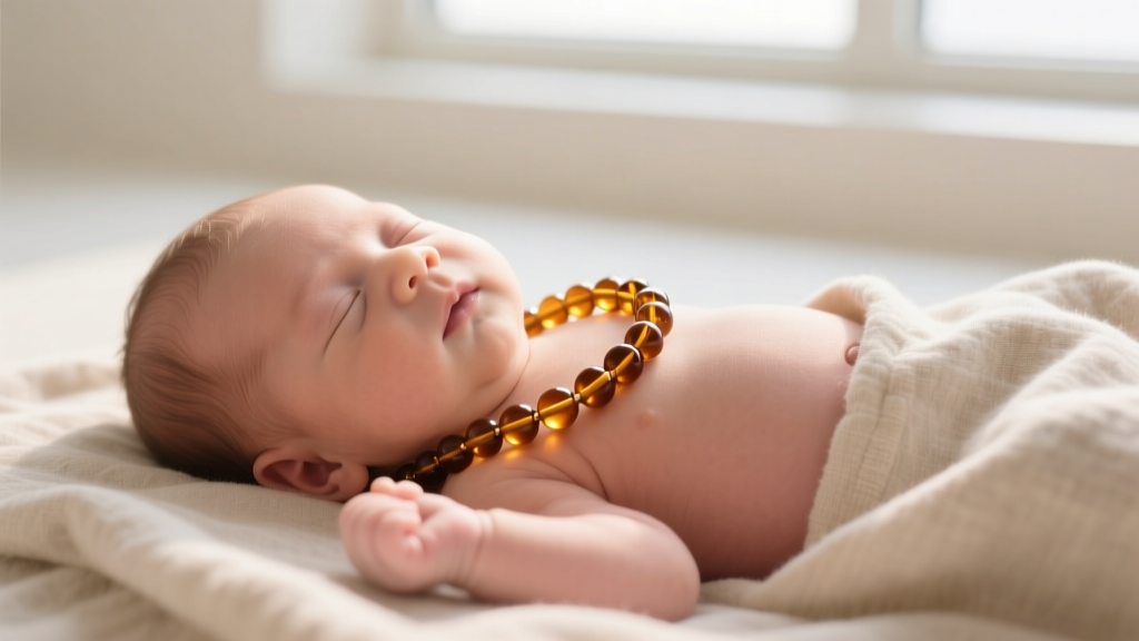 Baby wearing a properly sized amber necklace, showing the safe two-finger gap between the neck and the polished cognac bead strand