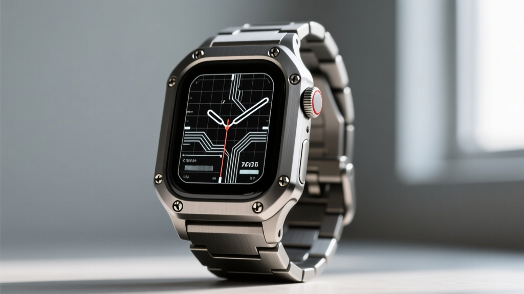 Close-up of a rugged titanium smartwatch band with exposed hex screws and a custom blueprint-style digital watch face.