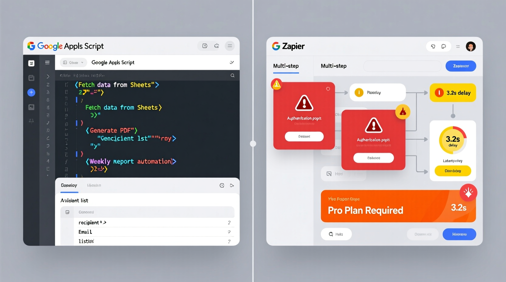 Side-by-side visualization: Left panel shows Google Apps Script editor with clean, annotated code for weekly report automation; right panel displays Zapier's multi-step interface with overlapping authentication warnings, latency indicators, and pricing banners