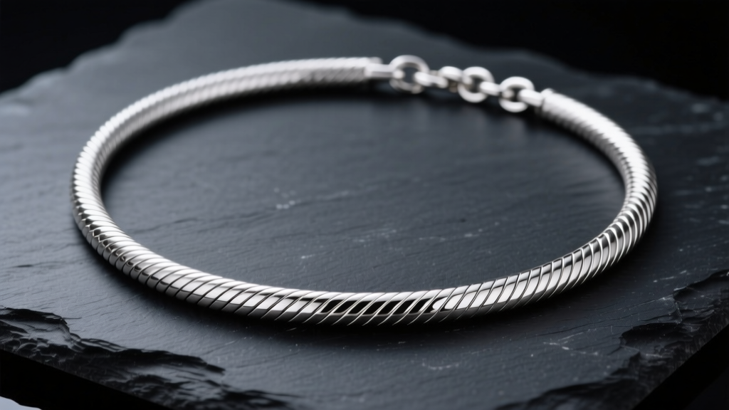 Polished 925 sterling silver snake chain necklace on dark slate, highlighting its smooth, continuous tubular texture