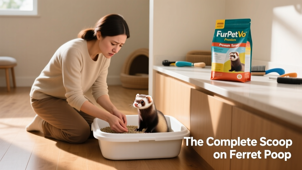 Ferret owner gently checking stool in clean litter box, with FurPetVo premium ferret food bag visible nearby