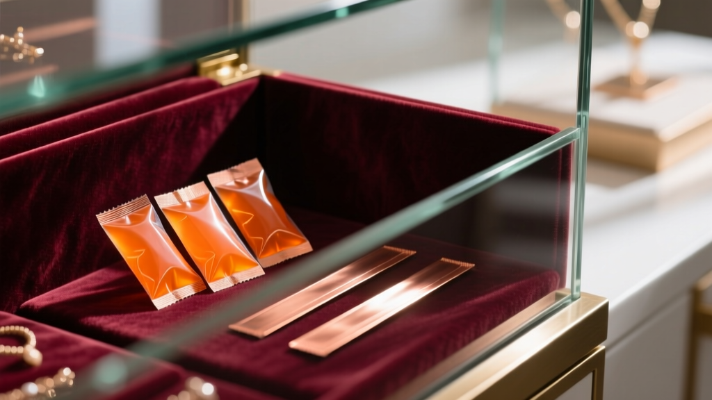 Orange silica gel packets and copper anti-tarnish strips tucked into the velvet corner of a glass jewelry display case interior.
