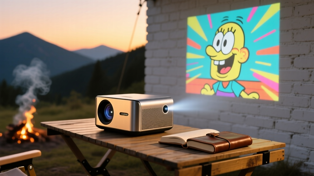 A sleek 2026 portable laser projector resting on a camping table, projecting a vibrant retro cartoon scene onto a white brick wall at dusk.