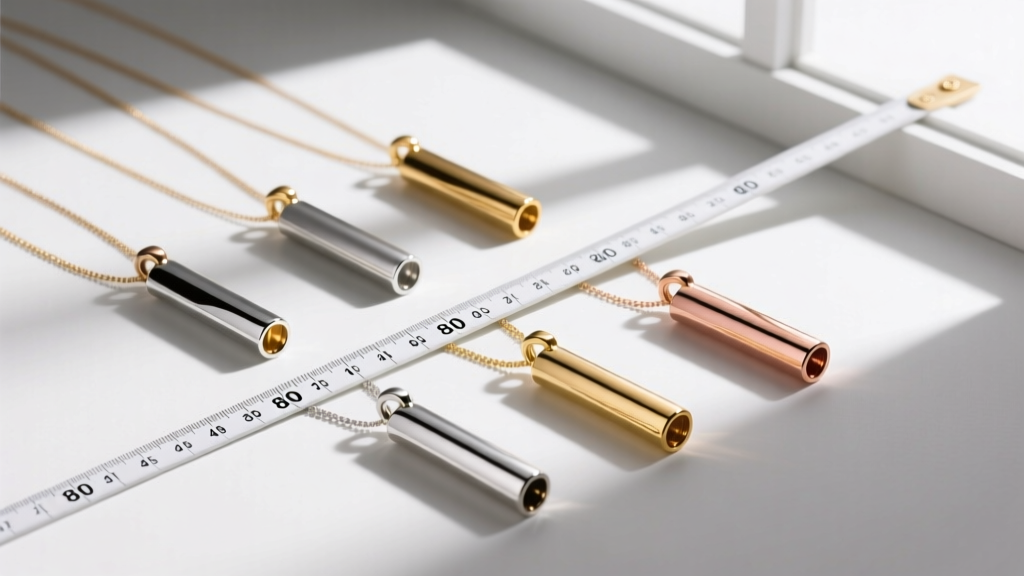 Flat lay of gold, silver, and rose gold breathing necklace pendants next to a measuring tape showing exact 80mm tube lengths.