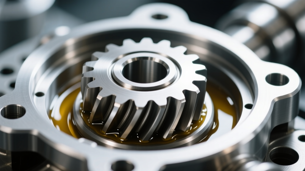 Close-up of metallic pinion gear inside an open front differential housing showing signs of proper lubrication and minimal wear