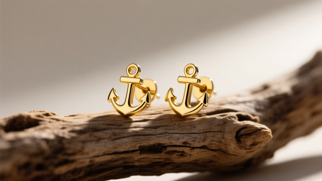 Macro shot of 14k yellow gold anchor stud earrings on weathered driftwood, soft sunlight highlighting the polished metal textures.