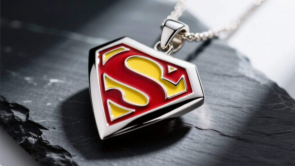 Close-up of a polished sterling silver Superman shield pendant with red and yellow vitreous enamel resting on dark slate.